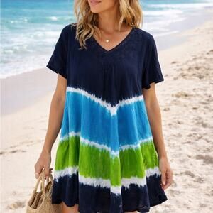 La LeeLa Vibrant Blue and Green Tie-Dye Dress